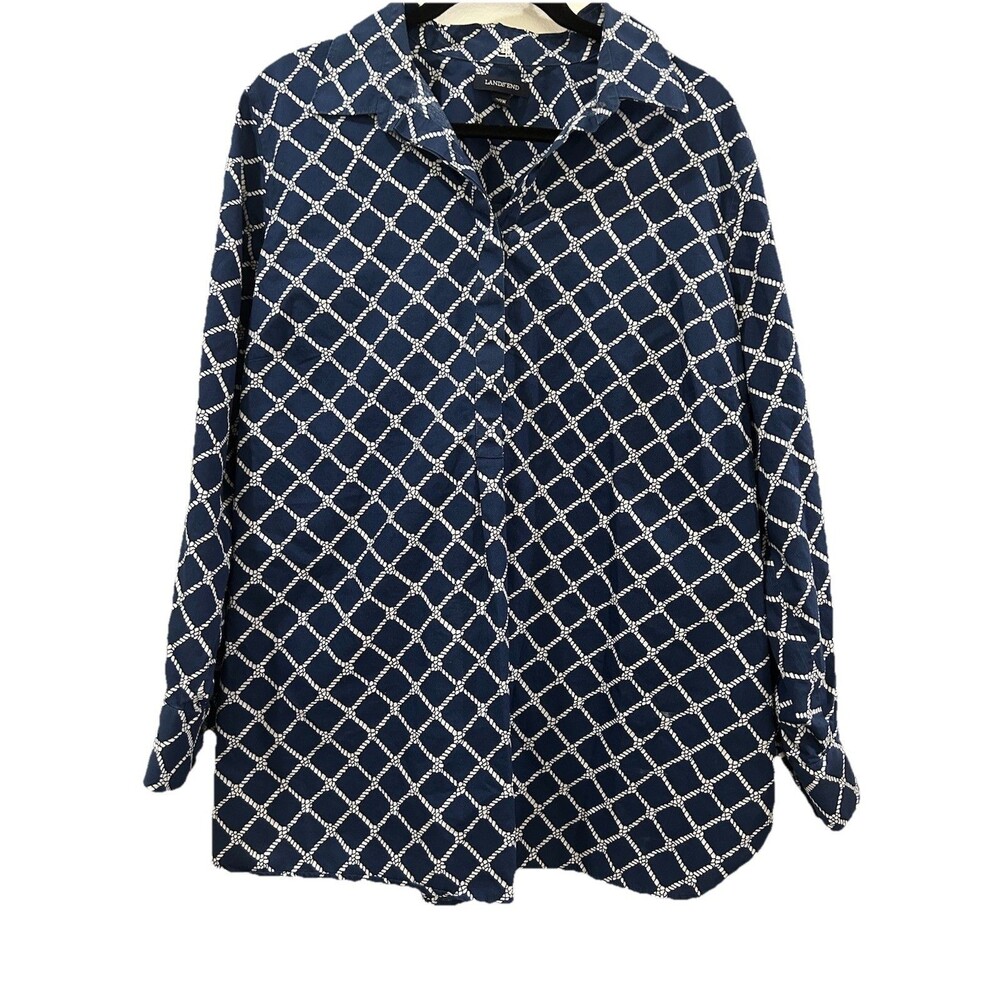 Lands End Womens 20W Top 1/4 Button Up Navy Long Sleeve Collared